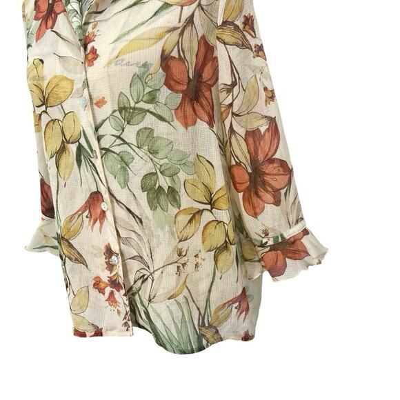 Vintage 90s Alfred Dunner Button Up Blouse Floral Sheer Cardigan Ruffle sleeve - Picture 2 of 9